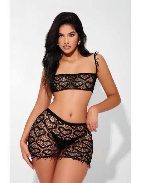 Ensemble top et jupe résille noir - J Lingerie
