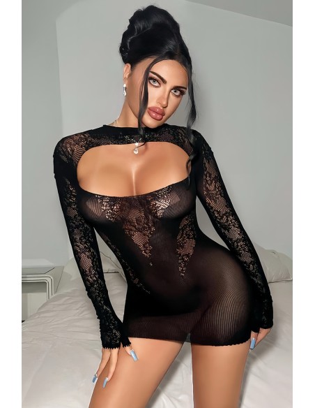 Robe résille noire décolletée à manches longues - J Lingerie