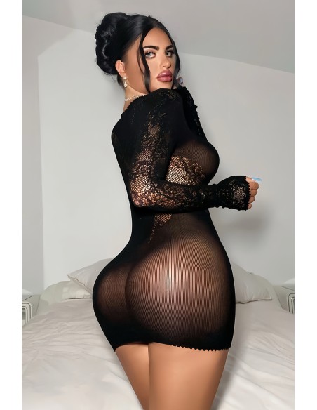 Robe résille noire décolletée à manches longues - J Lingerie