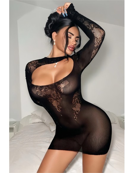Robe résille noire décolletée à manches longues - J Lingerie