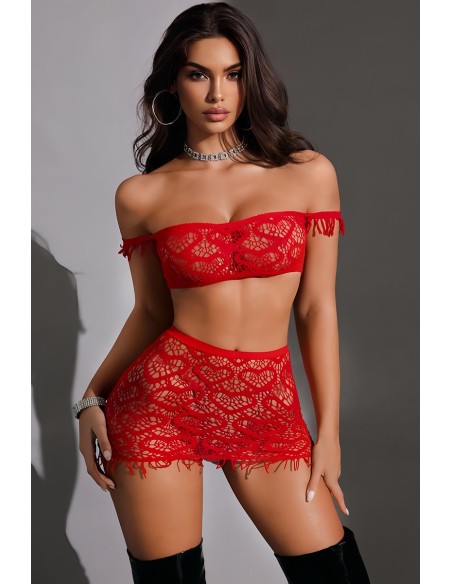 Ensemble top et jupe résille rouge - J Lingerie