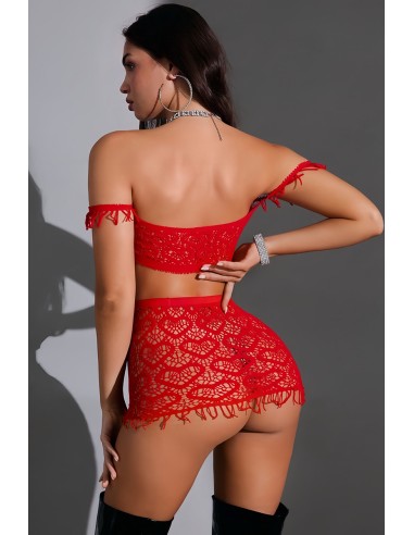 Ensemble top et jupe résille rouge - J Lingerie