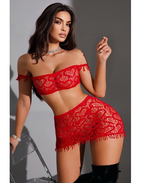 Ensemble top et jupe résille rouge - J Lingerie