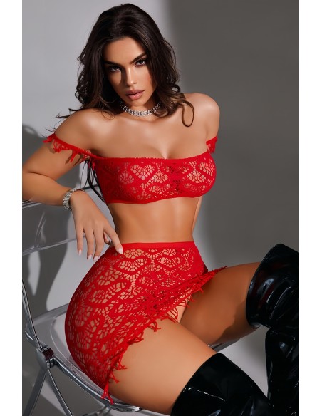 Ensemble top et jupe résille rouge - J Lingerie