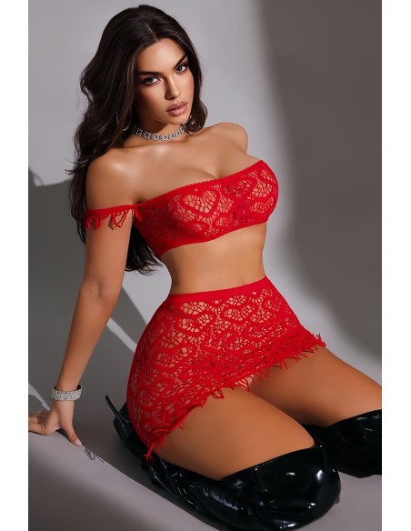 Ensemble top et jupe résille rouge - J Lingerie
